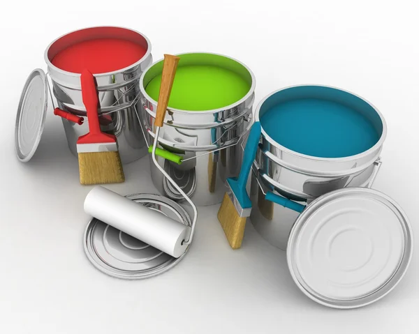 Open buckets with a paint, brush and rollers — Stock Photo, Image