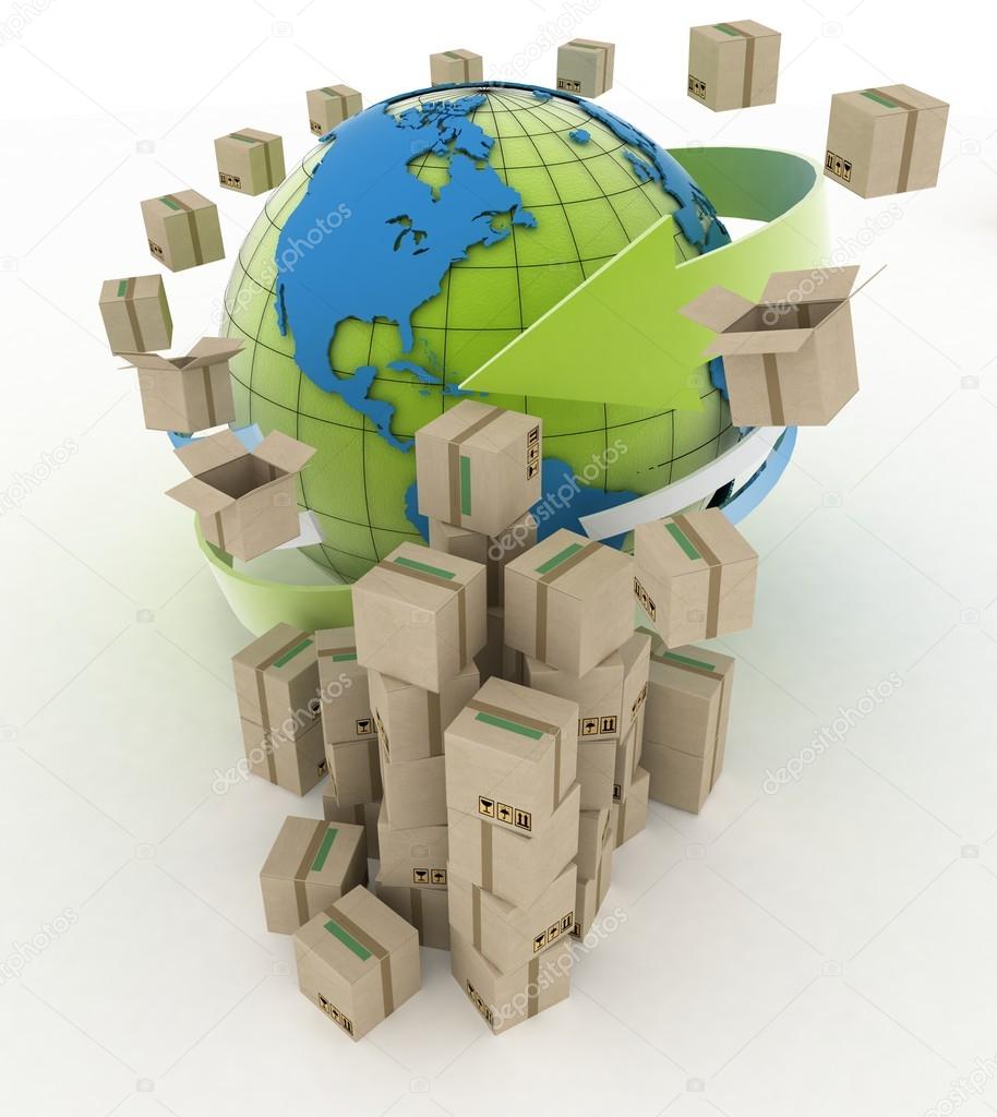 Cardboard boxes around globe