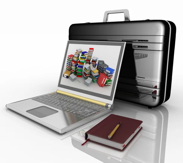 Silberner Laptop, Notizblock und Stift mit schwarzer Aktentasche — Stockfoto