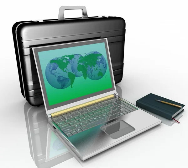 Silberner Laptop, Notizblock und Stift mit schwarzer Aktentasche — Stockfoto