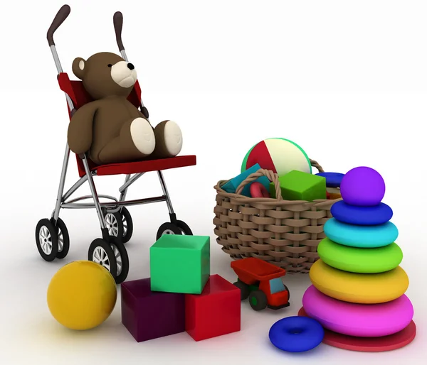 Child's toys in a small basket and pram — Stock Photo, Image