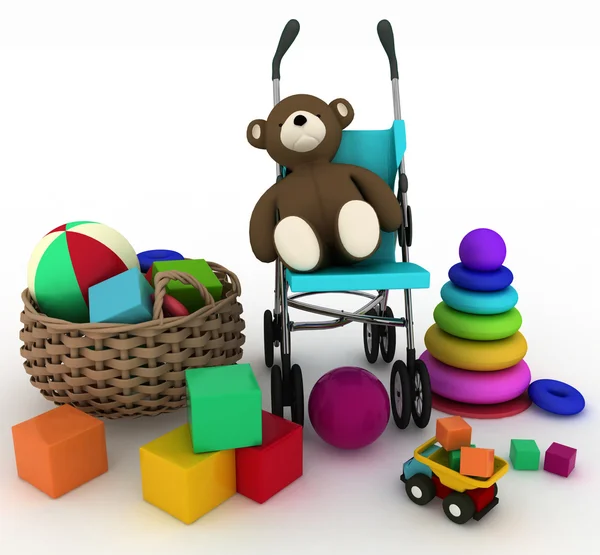 Dziecko zabawki w mały kosz i wózek — Zdjęcie stockowe