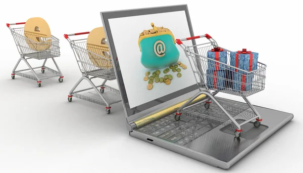 Shopping carts and laptop — Stock Photo, Image