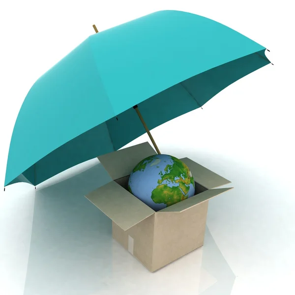 Regenschirm schützt Erde in Schachtel — Stockfoto