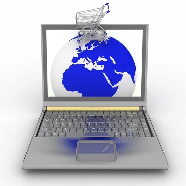 Shopping cart and globe in laptop — Stock Photo, Image