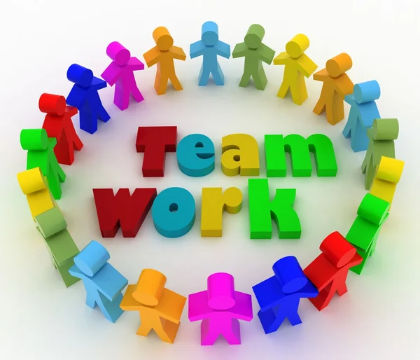 People stand around a word teamwork. Conception of cooperation is in a command — Stock Photo, Image