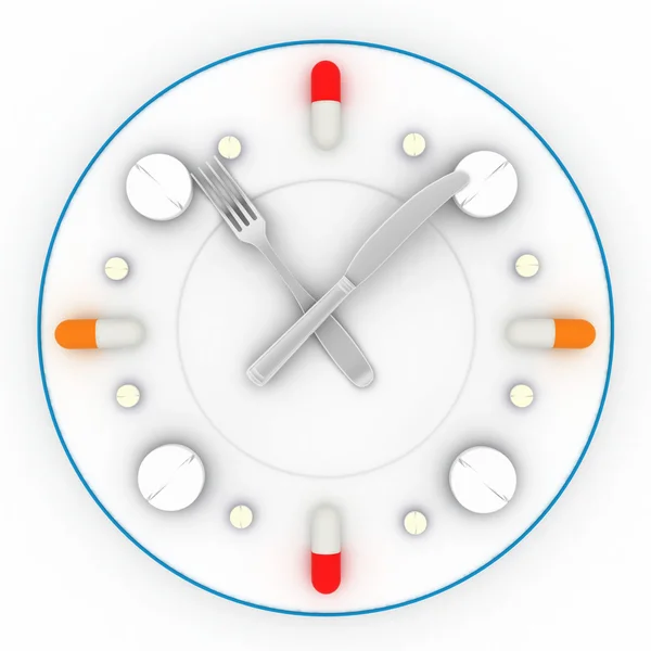 Годинник складається з тарілки, таблеток, виделки з ножем — стокове фото