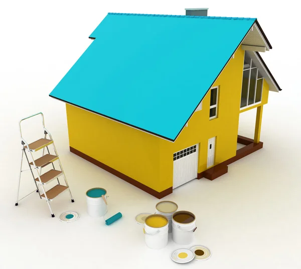 Casa 3d com tintas e escada passo. Concepção de obras de reparação — Fotografia de Stock