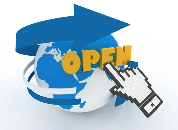 Earth globe en hand cursor op een woord "open". — Stockfoto