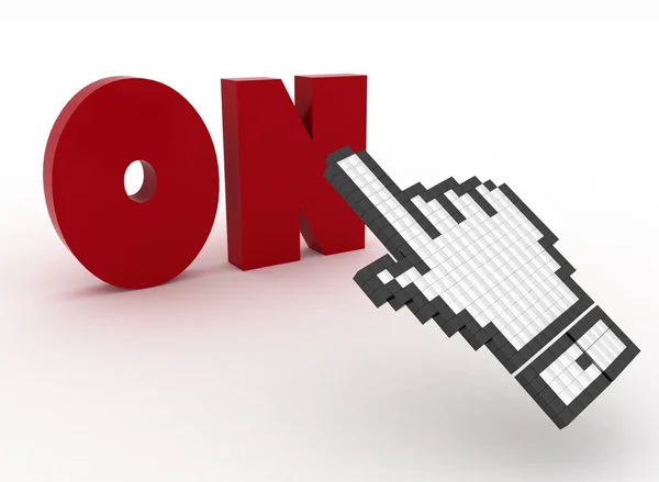 3d illustration of hand cursor on the word "on." — Stock Photo, Image