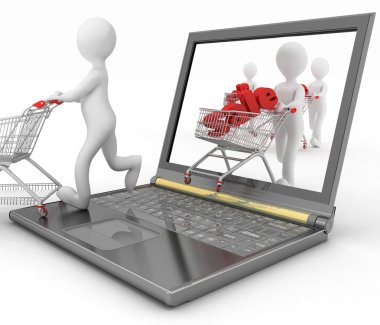 3D insan ve bir dizüstü bilgisayar üzerinde beyaz bir arka plan online alışveriş yapmak