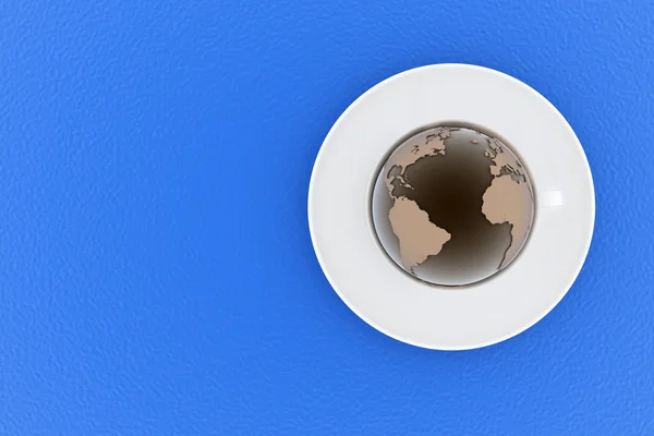 Tasse à café et soucoupe avec un globe sur fond de couleur. Illustration 3d — Photo