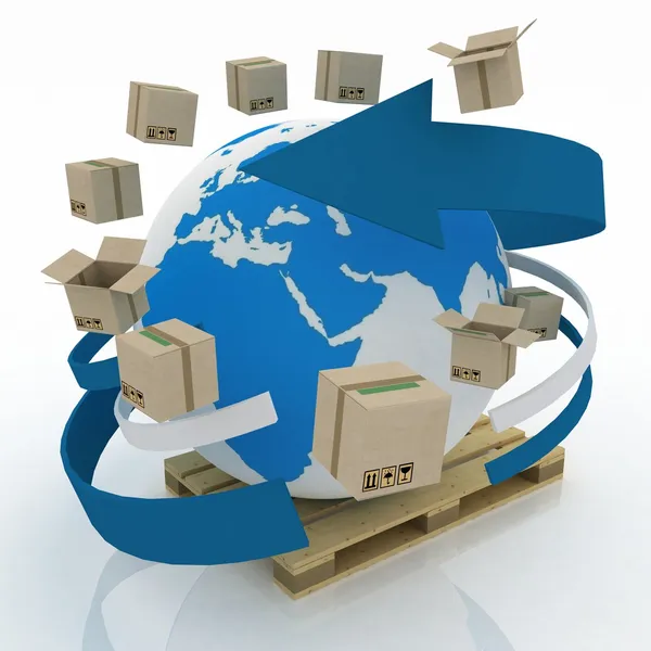 Cardboard boxes around globe on a pallet. Worldwide shipping concept. 3d illustration on white background. — Stock Photo, Image