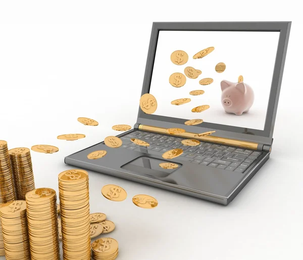 Banco porquinho e laptop . — Fotografia de Stock