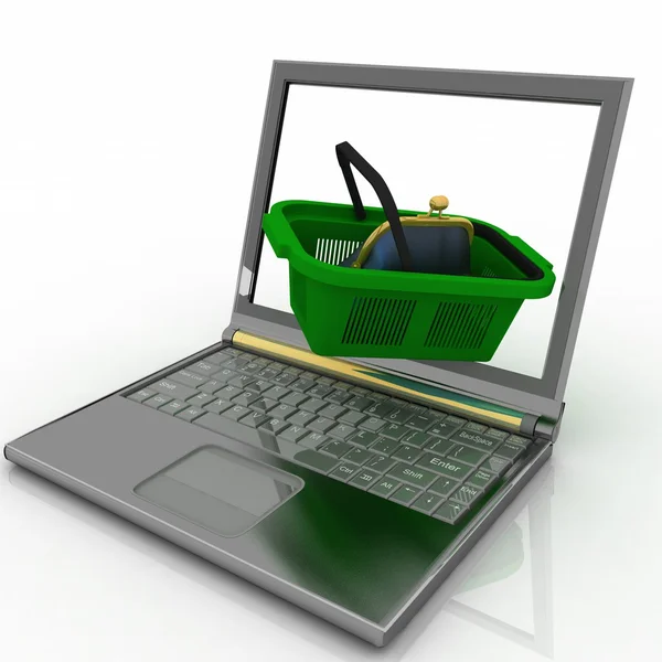 Shopping-korg och laptop isolerade — Stockfoto