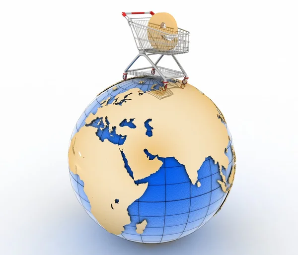 Zeichen des E-Commerce im Einkaufswagen auf dem Globus — Stockfoto