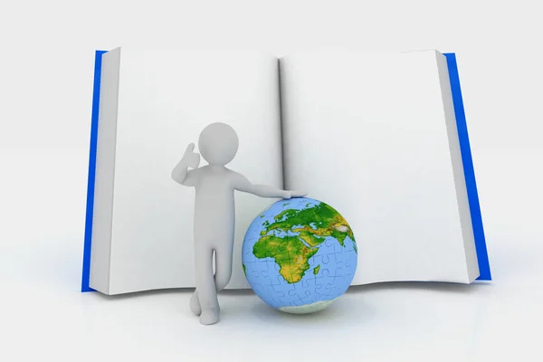 Man by presentation a globe over books background. — Stock Photo, Image