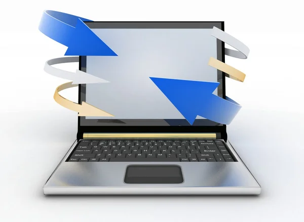 Laptop mit Pfeil auf weißem Hintergrund. Konzept des Downloads. — Stockfoto