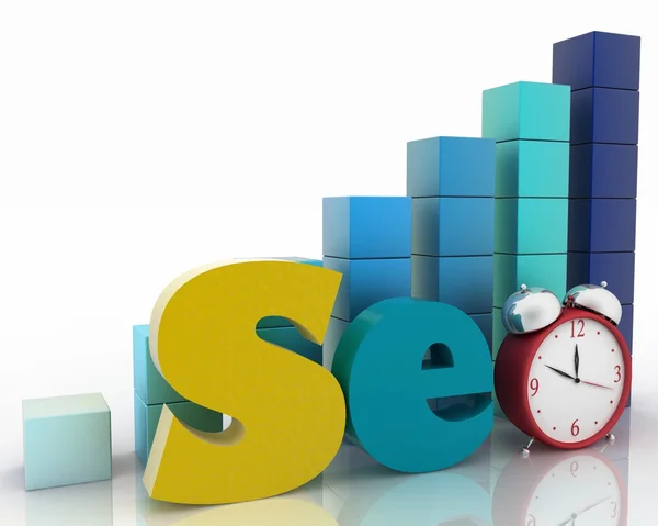 3d illustration text 'SEO', with clock instead of letter "o" on a background a diagram — Stock Photo, Image