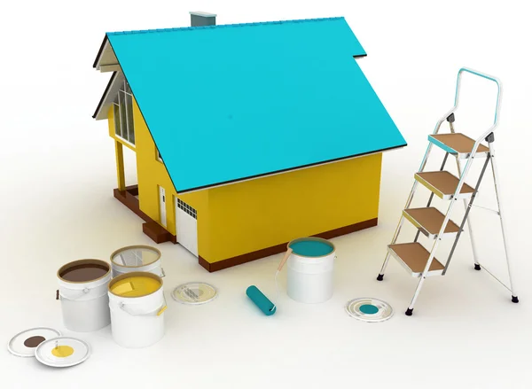 3d house with paints and step-ladder. Conception of repair works — Stockfoto