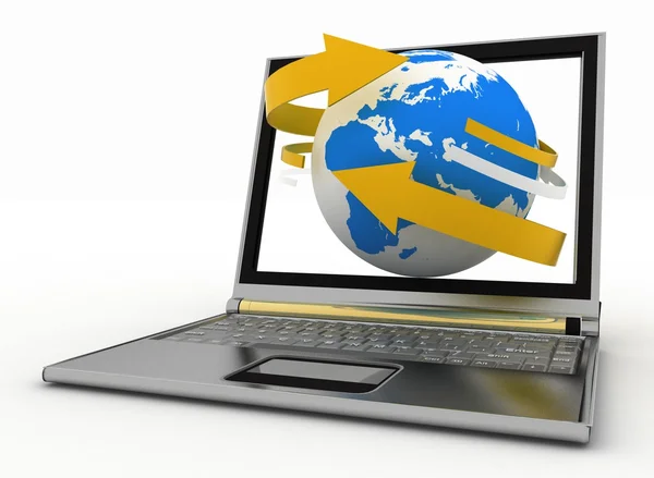 Laptop met aarde en pijl. Internet concept — Stockfoto