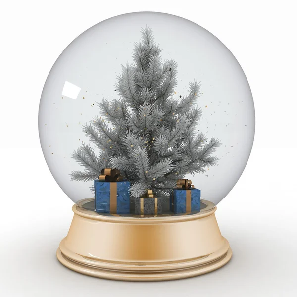 Boule de neige avec arbre de Noël et cadeaux — Photo