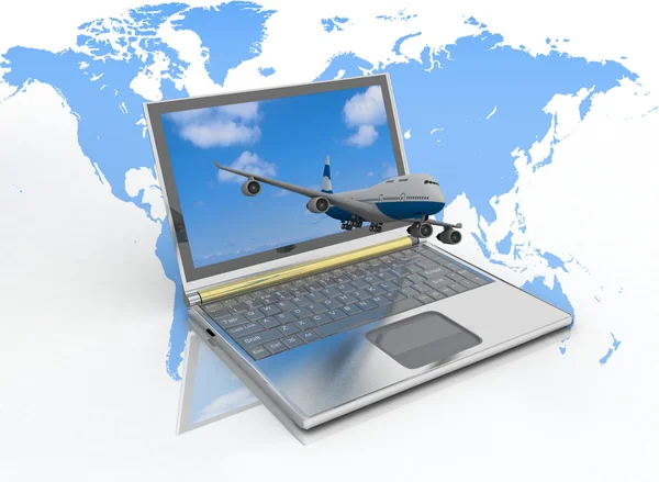 3D-passagier jet vliegt weg uit de laptop monitor. — Stockfoto