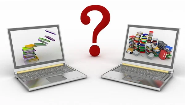 Concept on-line of help in a laptops with question- mark — Stock Photo, Image