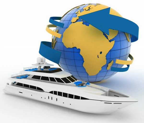 Yacht and globe. 3d illustration on white — Stock Photo, Image