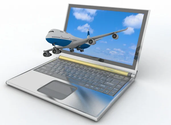 3d passenger jet takes off from laptop monitor. — Stock Photo, Image