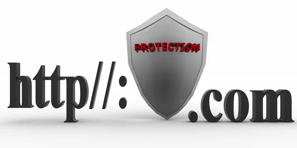 Shield between http and dot com. Conception of protecting from unknown web- pages. — Stock Photo, Image