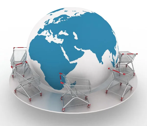 Shopping carts around globe on white. Concept of global market — Stock Photo, Image