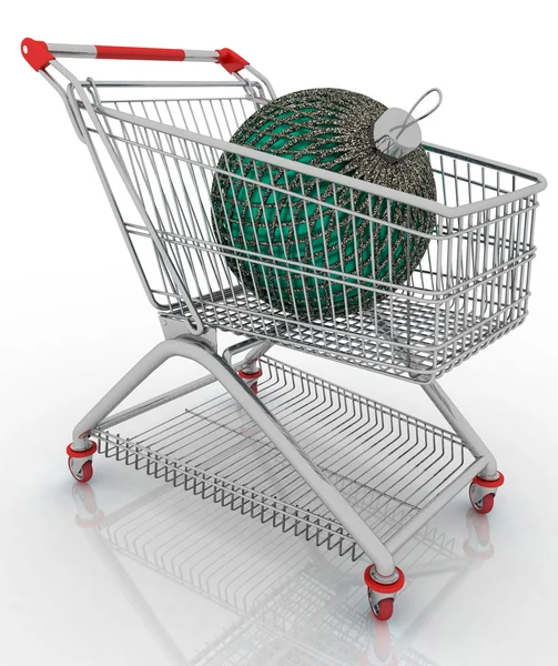 Shopping cart with big christmas ball — Stock Photo, Image