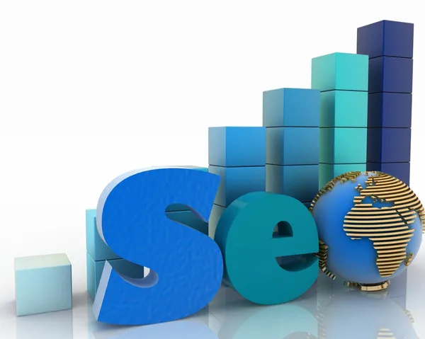 Text "seo", mit Globus statt Buchstabe "o" auf einem Hintergrund ein Diagramm — Stockfoto