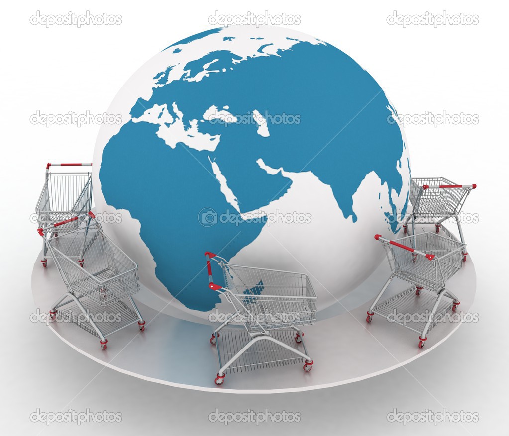 Shopping carts around globe on white. Concept of global market Stock