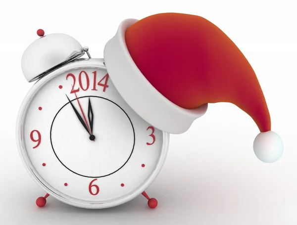 Alarm clock with christmas santa hat, — Stock Photo, Image