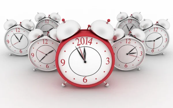 2014 año en gran despertador. relojes de alarma 3d en blanco —  Fotos de Stock