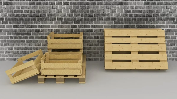 Moderne bakstenen muur achtergrond met houten kisten en pallets — Stockfoto