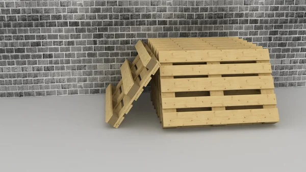 Wooden pallets on brick wall background — Stok fotoğraf