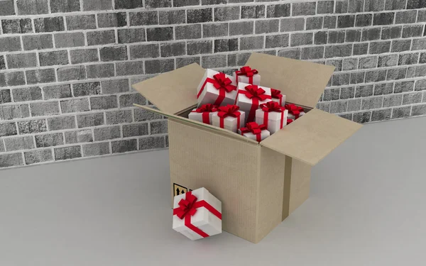 Caja de cartón con regalos sobre fondo de pared de ladrillo . — Foto de Stock