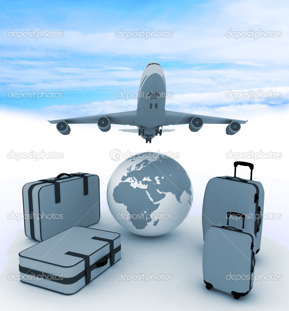 airliner and suitcases on sky background