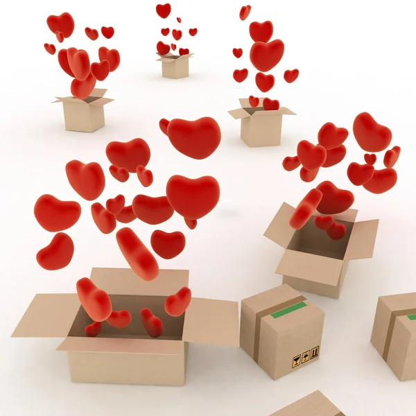 Corazones volando de cajas — Foto de Stock