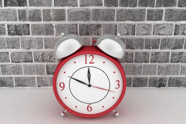Reloj despertador rojo. icono 3d sobre fondo de pared de ladrillo —  Fotos de Stock