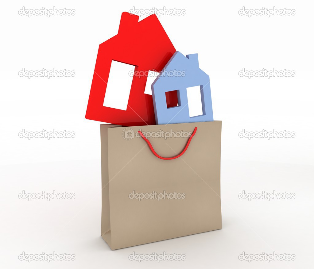 3d model house symbol set in a paper shopping bag