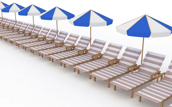 Row from many deck-chairs with parasols on a white background — Stock Photo, Image