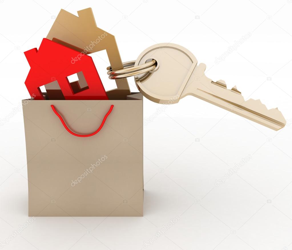 3d model house symbol set in a paper shopping bag and key