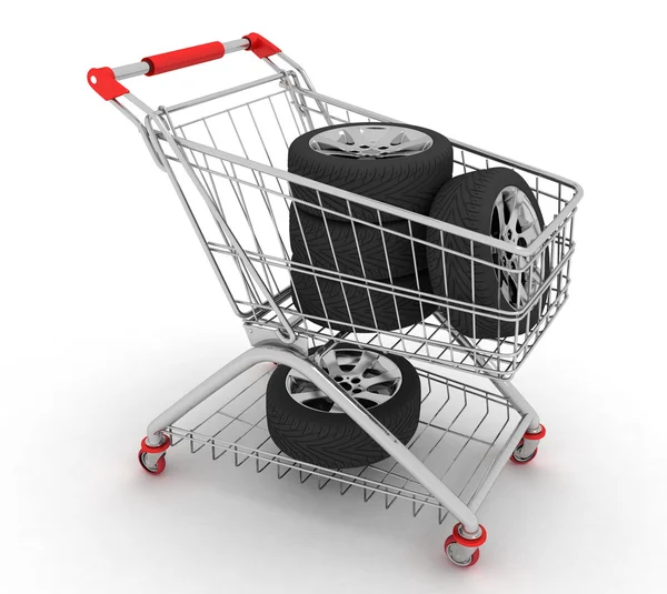 3D-Einkaufswagen mit Rädern. Konzeption des Kaufs von Reparaturteilen für ein Auto — Stockfoto