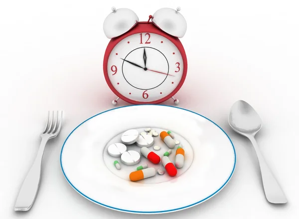 Pills on a dinner dish with a spoon and fork. Conception of reception of pills on hours. — Stock Photo, Image