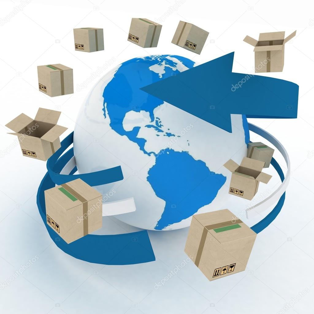3d cardboard boxes around globe on white background. Worldwide shipping concept.