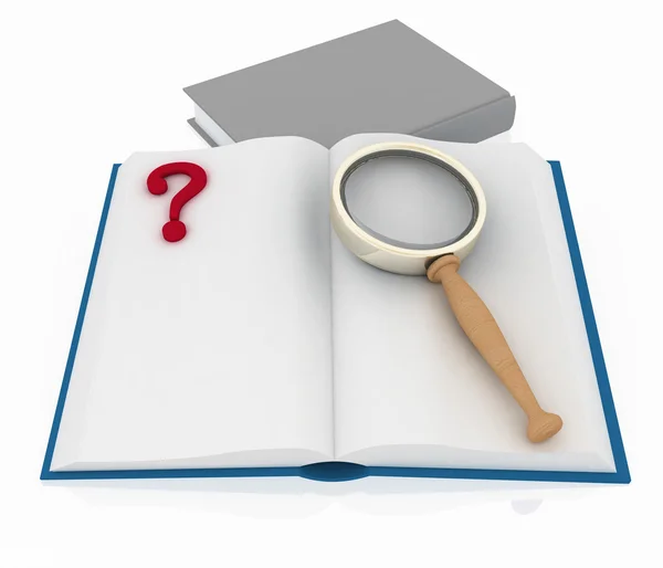 3d render illustration open book with aquestion mark and magnifying glass — Stock Photo, Image